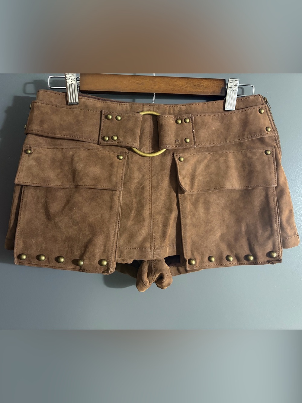 Free People We The Free Micro Mini Suede Cargo Skort Chocolate Size 2 NWT Flawed